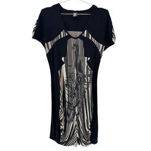 LEGATTE‎ Vintage Designer Y2K Abstract Jersey Midi Dress • 14 • black, beige